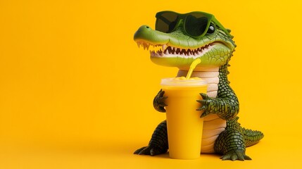 Fototapeta premium A cute cartoon crocodile wearing sunglasses enjoys a cool drink, isolated on a yellow background.