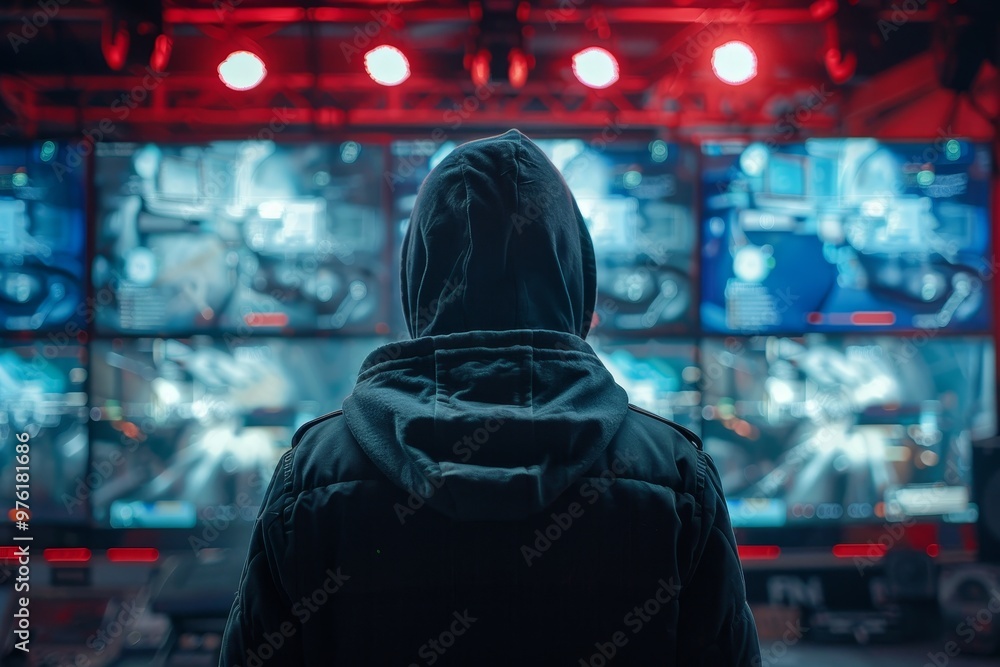 Poster a figure wearing a hooded jacket stands in front of several illuminated screens, intently studying t