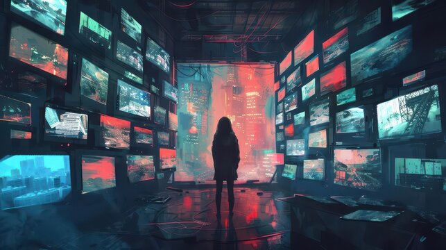 woman surrounded by video wall of tv screens multimedia content broadcasting and streaming digital painting