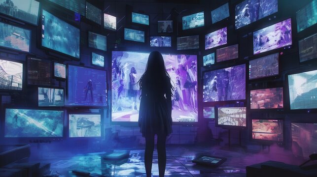woman surrounded by video wall of tv screens multimedia content broadcasting and streaming digital painting