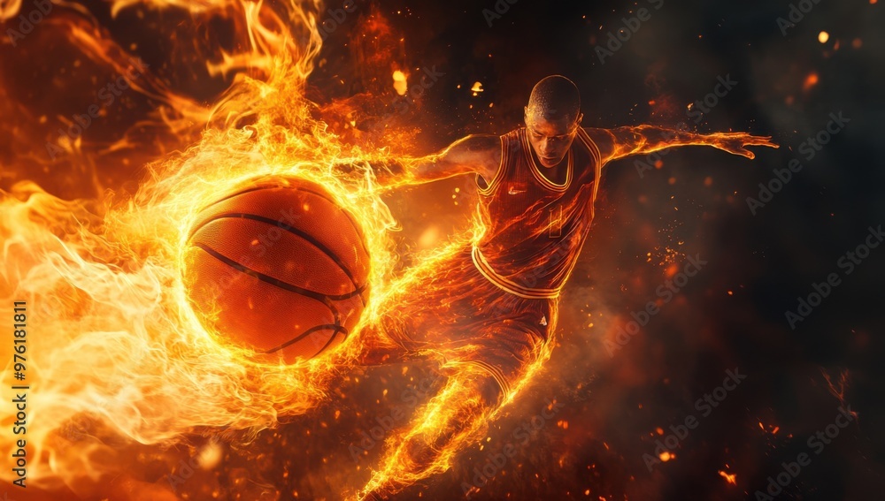 Aufkleber a basketball player in action, captured mid-air with the ball in their hand and flames surrounding t