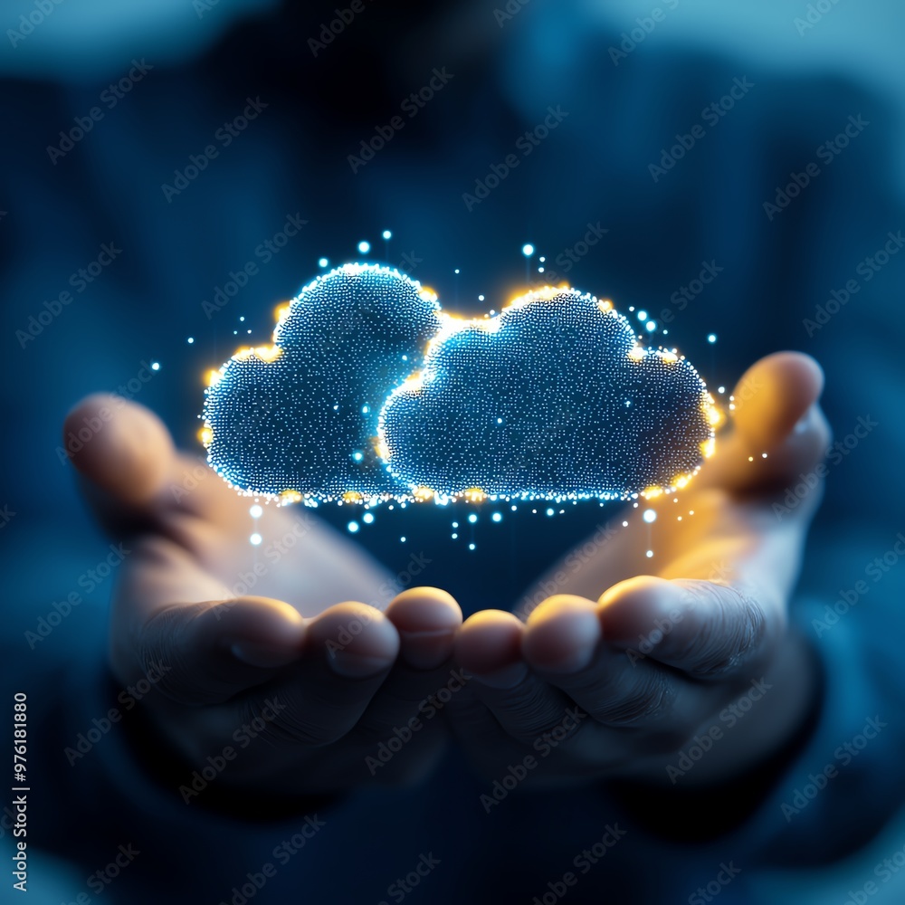 Aufkleber conceptual image of hands holding glowing clouds, symbolizing digital storage and technology solutio