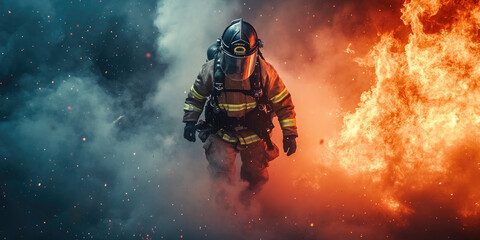 A fireman with a fire burning around him heroically extinguishes the fire