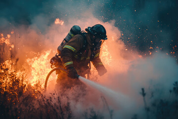 A fireman with a fire burning around him heroically extinguishes the fire