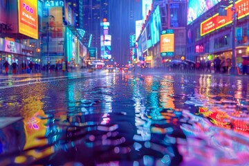 Obraz premium A heavy downpour turns the city streets into glistening rivers, reflecting the neon lights and creating a mesmerizing spectacle