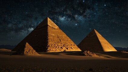 Pyramids in a starry desert night.