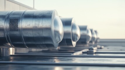 Shiny Metal Ventilation System on Factory Roof Under Pale Sky