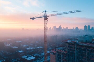 Fototapeta premium Aerial view of urban construction site with tower crane bathed in soft morning light and cityscape