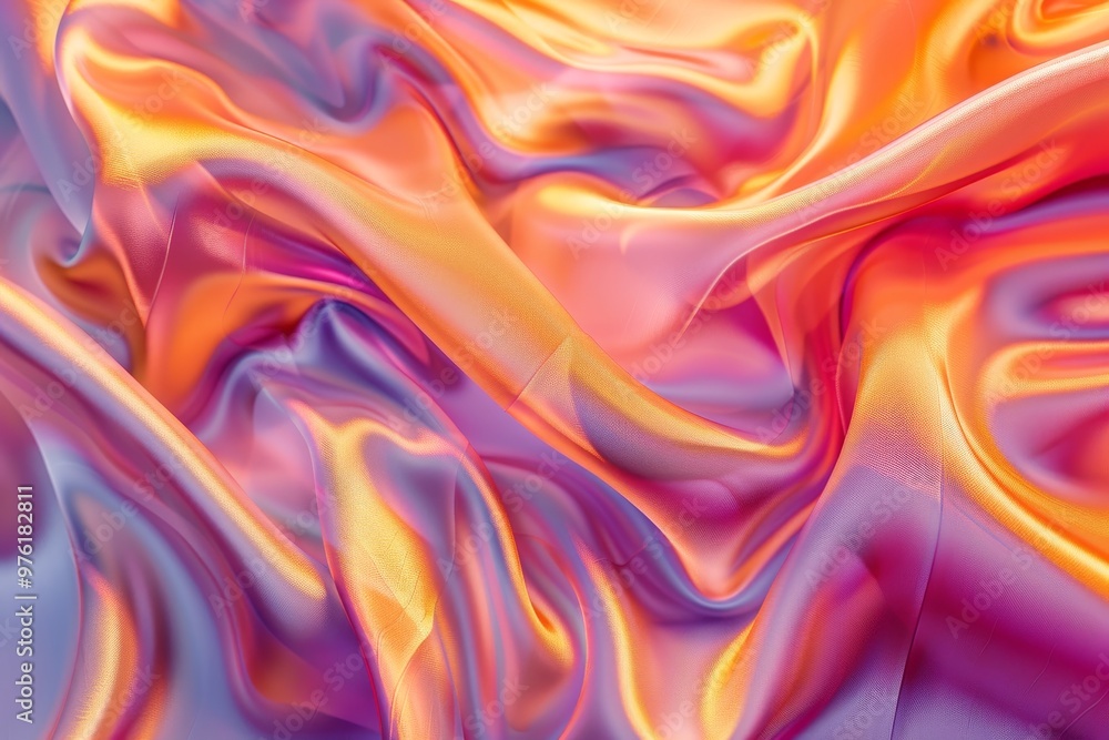 Poster richly colored silk fabric flows in waves, displaying captivating hues of orange and purple that emp
