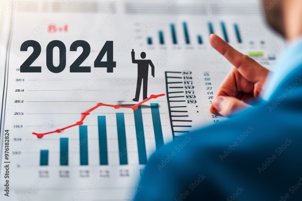 Aufkleber a businessman points towards a graph showing increasing trends for the year 2024 while reviewing per