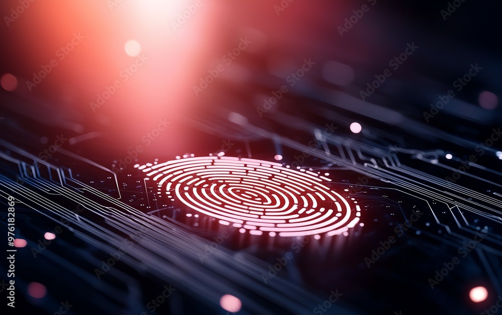 Aufkleber futuristic fingerprint design over a digital circuit, symbolizing cybersecurity and advanced technol