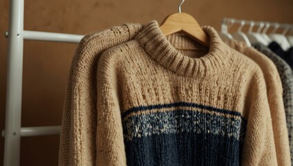 Rack displaying sweaters near a beige wall, close-up view.