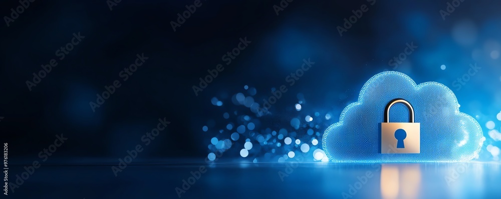 Poster illustration of cloud technology with a lock symbolizing data security and privacy in digital storag