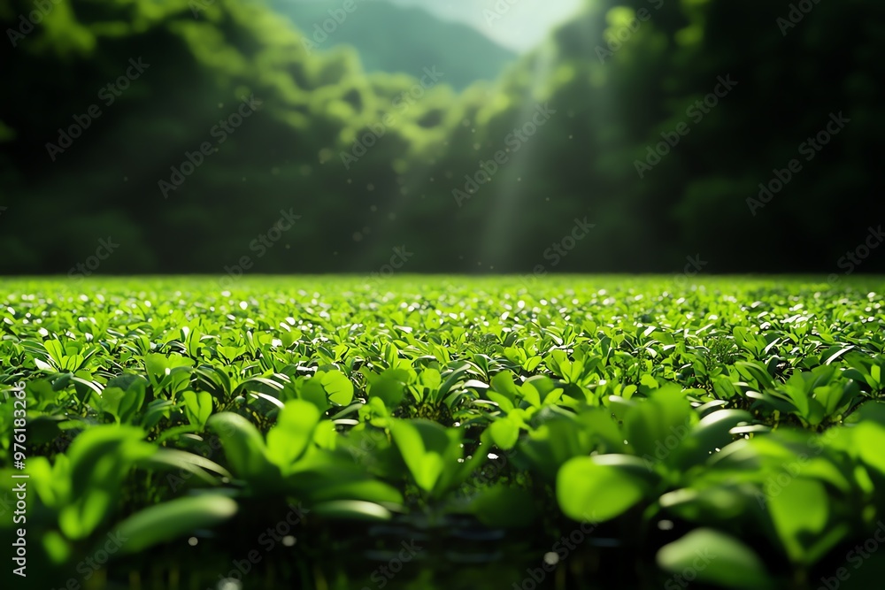 Poster 3d lush greenery fills the field, illuminated by soft rays of sunlight filtering through the trees, 