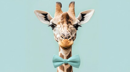 A giraffe wearing a blue bowtie looks at the camera against a blue background.