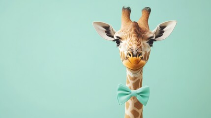A giraffe with a bow tie against a turquoise background.