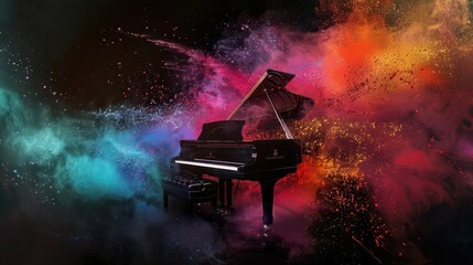 world music day banner with grand piano and colorful dust musical event abstract design digital art