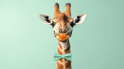 A giraffe wearing a blue bow tie smiles at the camera.