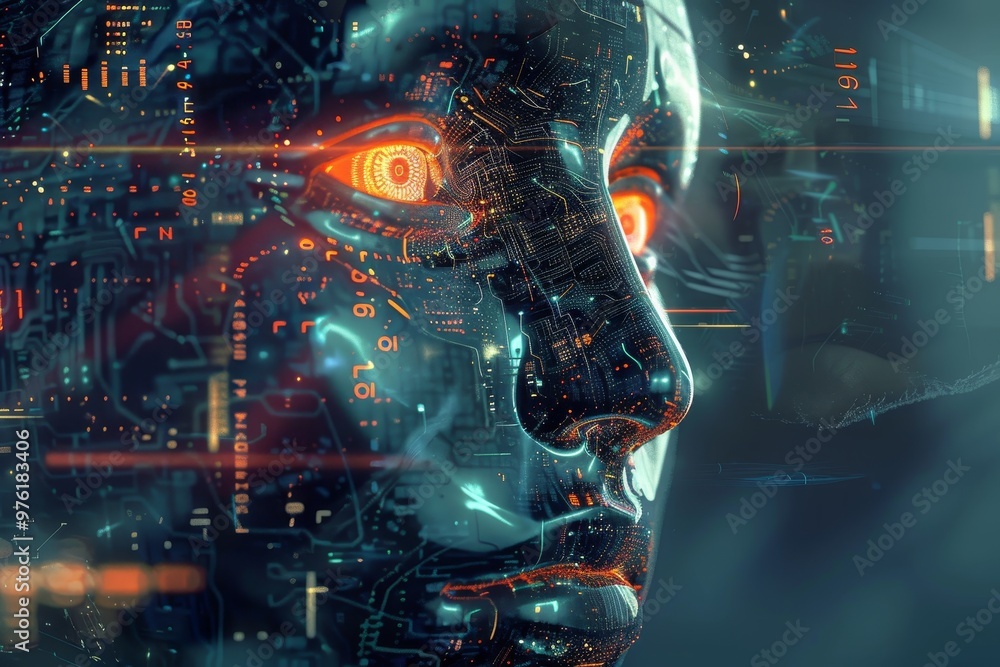 Poster the face of a robotic entity is illuminated by bright orange circuits and digital data, representing