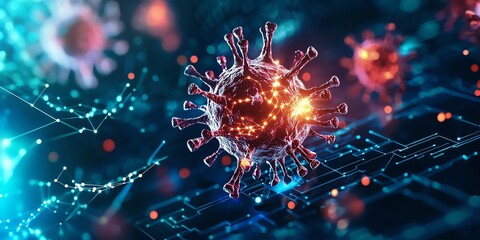 Microscopic view of a virus illuminated with vibrant colors, showcasing intricate details and network connections in digital form.