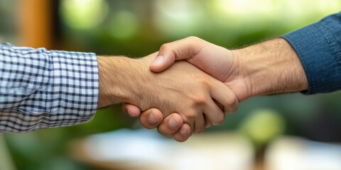 A close-up of two individuals shaking hands, symbolizing agreement, partnership, trust, and collaboration, set against a blurred natural background showing unity and mutual respect.