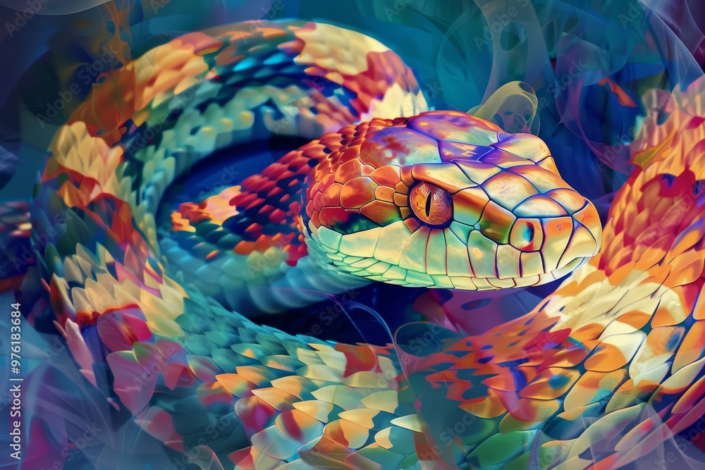 Poster a striking snake with an array of colorful scales is coiled among vivid foliage, showcasing its intr