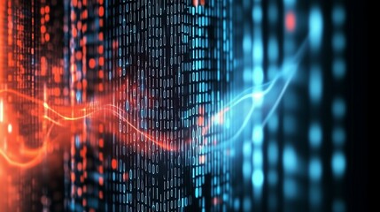  Un flusso di dati binari scorre attraverso uno spazio virtuale, rappresentando il flusso continuo di informazioni e la connessione digitale tra sistemi tecnologici.