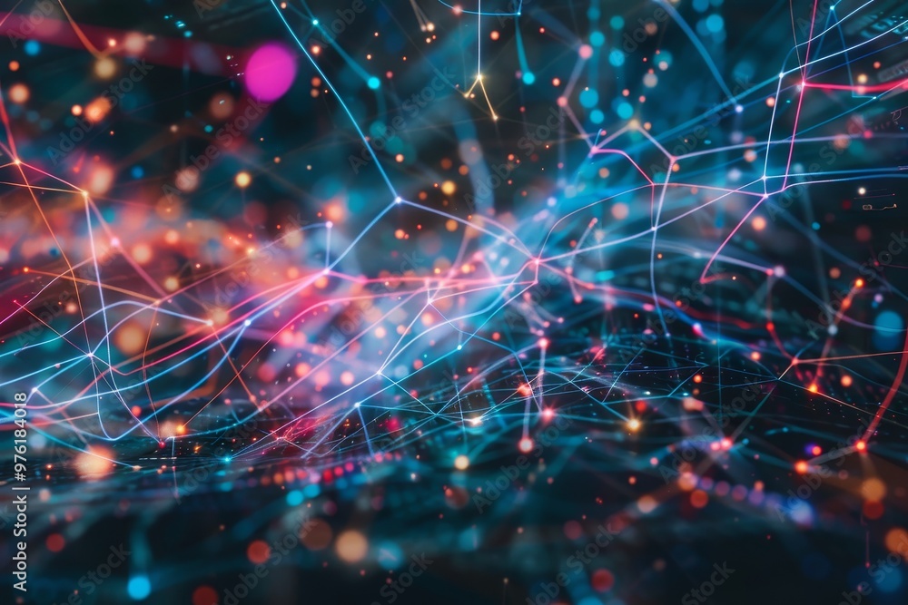 Poster a vibrant display of glowing lights and intersecting lines forms a mesmerizing digital landscape, re
