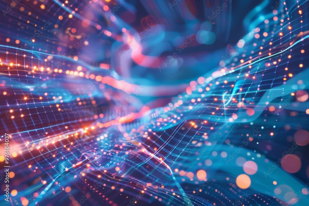 Fototapete Glowing particles and vibrant waves create an intricate network of color, resembling a dynamic digital landscape at night, showcasing movement and energy.