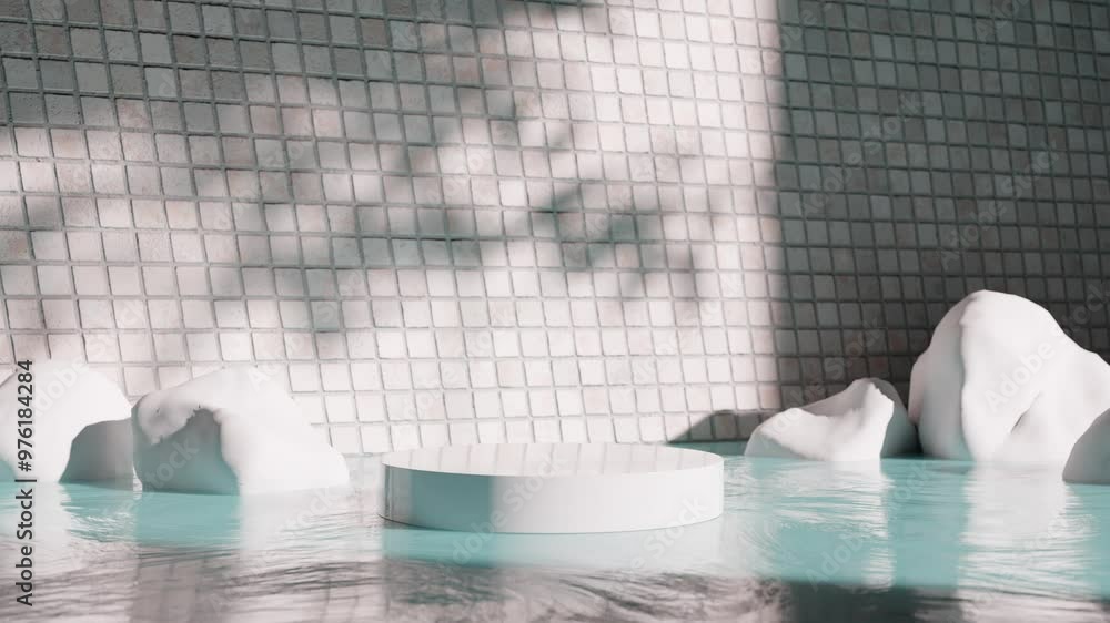 Poster 3d rendering image of round podium on water surface near rocks in studio
