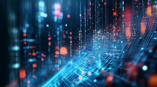  Un flusso di dati binari scorre attraverso uno spazio virtuale, rappresentando il flusso continuo di informazioni e la connessione digitale tra sistemi tecnologici.