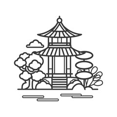 Line Art Illustration of a Traditional Asian Pagoda with Surrounding Trees and a Pond