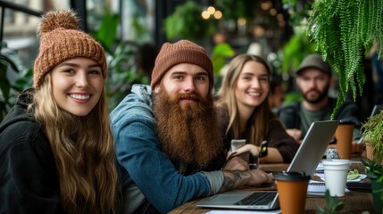 Fototapeta premium A group of friends sits at a long wooden table in a warm cafГ© filled with greenery. They are using laptops, chatting, and sharing smiles, creating a lively and relaxed atmosphere