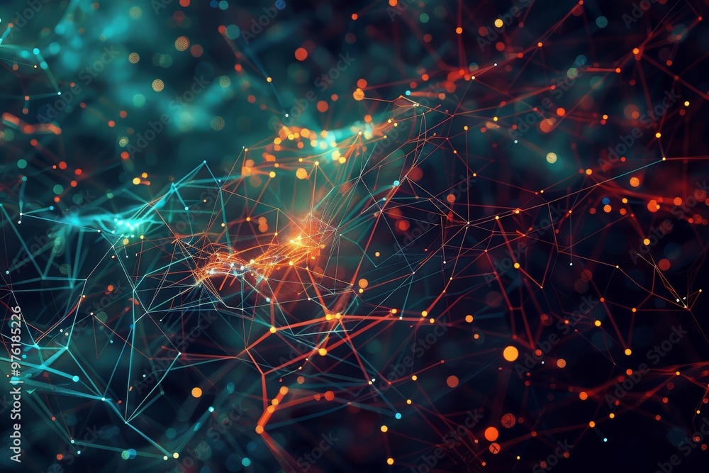 Poster an abstract visualization showcases vibrant connections between data points in a dark digital enviro