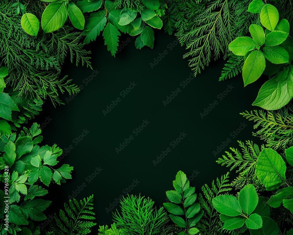 Aufkleber vibrant green foliage arranged in a circular pattern, creating a natural frame against a dark backgr