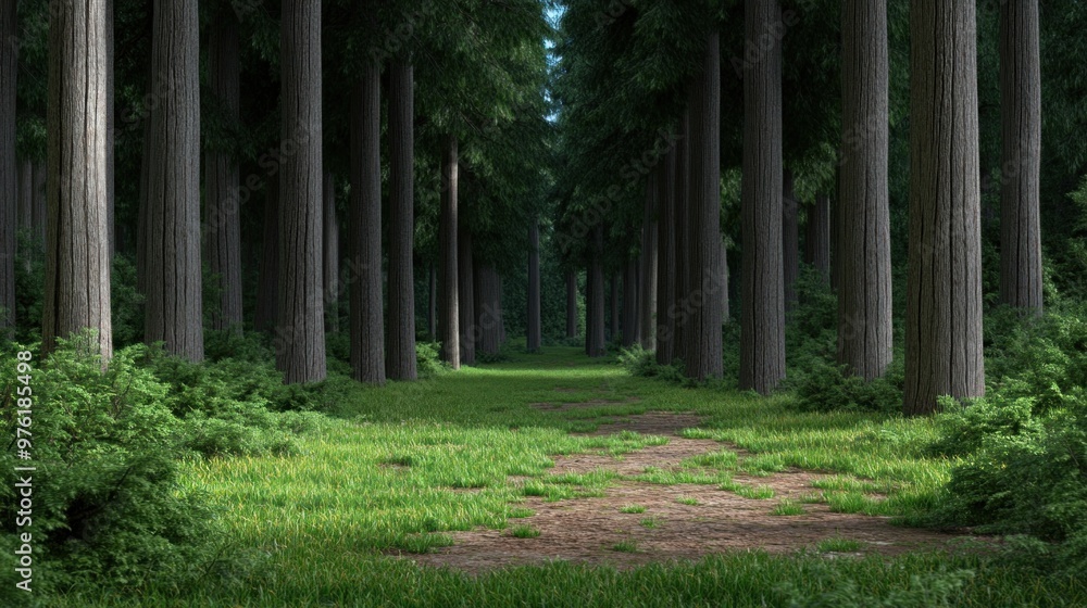 Poster a tranquil pathway meanders through a dense forest, flanked by tall trees and vibrant greenery, crea