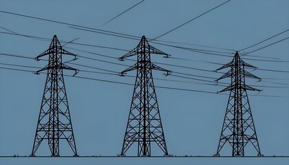 High-voltage power lines, triangular lattice electricity pylons with wires, silhouetted steel towers carrying electric transmission powerlines, electrical current cables network gridlines
