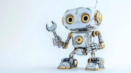 Naklejka premium A silver robot holds a wrench on a white background.