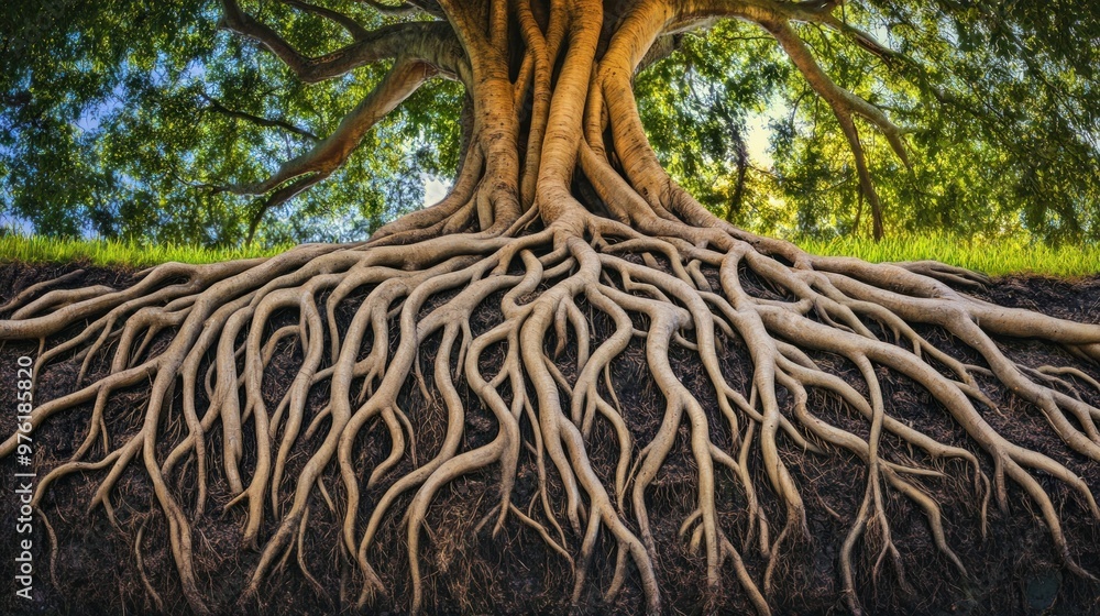 Poster the intricate network of an ancient tree's roots sprawls across the ground, showcasing resilience an