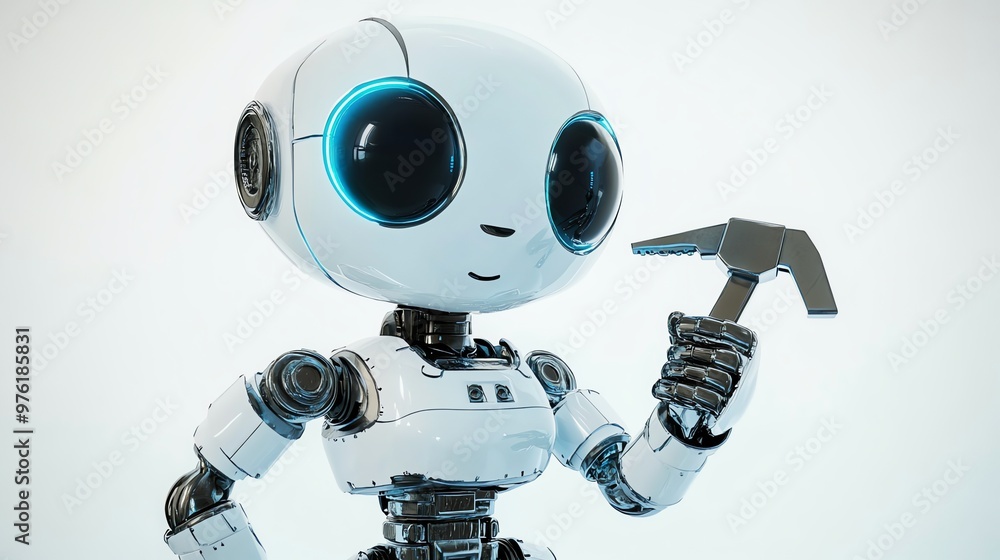 Poster a friendly-looking robot holds a hammer, ready to build or fix something.
