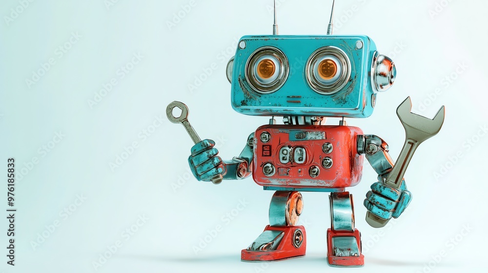 Poster a rusty blue and red robot holds a wrench and a socket wrench.