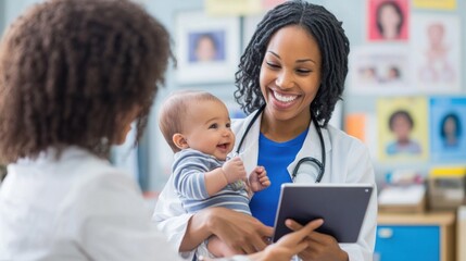 A healthcare worker holds a tablet while engaging with a joyful baby in a colorful clinic. The warm atmosphere highlights the importance of nurturing pediatric care