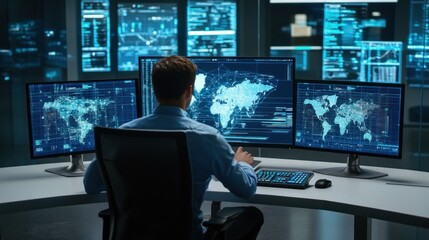 A professional is focused on analyzing global data trends, seated at a control center surrounded by numerous monitors that show maps and real-time statistics in a modern setting