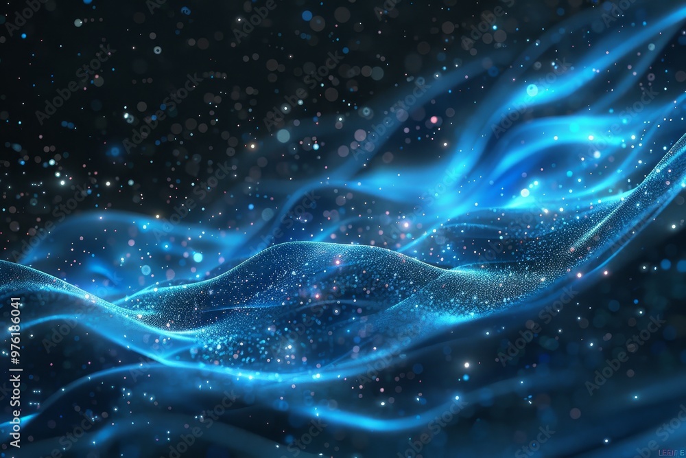 Poster flowing blue light interacts with sparkling particles, producing an enchanting display of motion and
