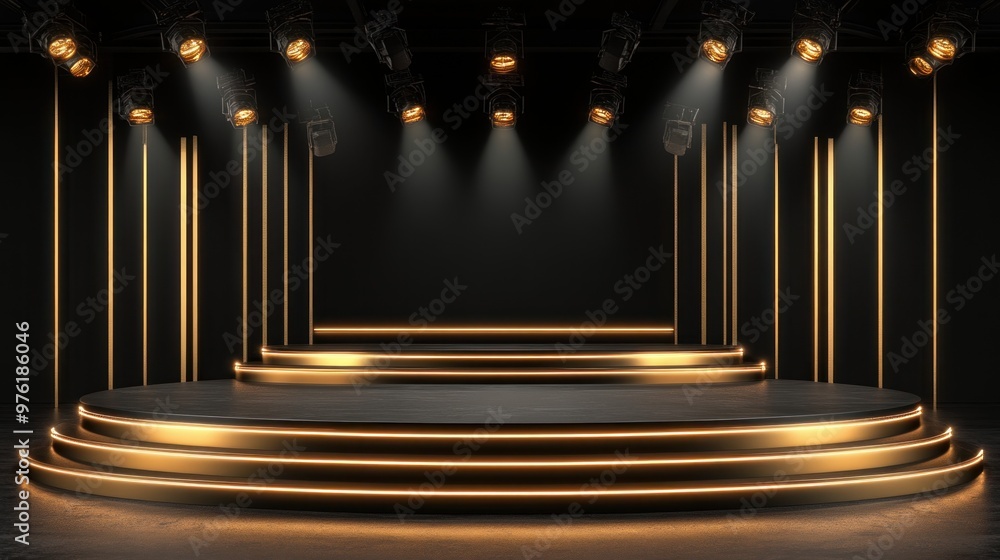 Poster the setting features a sleek and modern stage design with multiple elevated platforms illuminated by