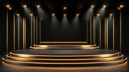 The setting features a sleek and modern stage design with multiple elevated platforms illuminated by dramatic lighting, creating a captivating atmosphere for performances