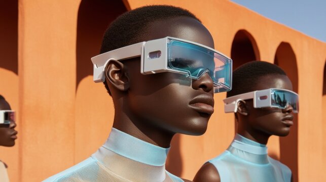 Two fashion models showcase stylish futuristic eyewear while standing against a vibrant orange structure illuminated by bright sunlight, emphasizing their unique look and artistic expression