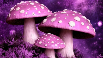 Obraz premium Three large pink mushrooms with white spots are prominently featured, surrounded by vibrant foliage in a magical, starry night environment, creating an enchanting atmosphere
