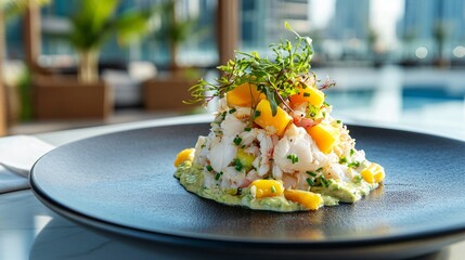 A chilled crab salad with mango and avocado, presented on a stylish modern plate with a sleek urban rooftop setting in the background