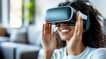 A woman is immersed in a virtual reality experience, smiling and interacting with the digital environment in a bright, comfortably furnished room